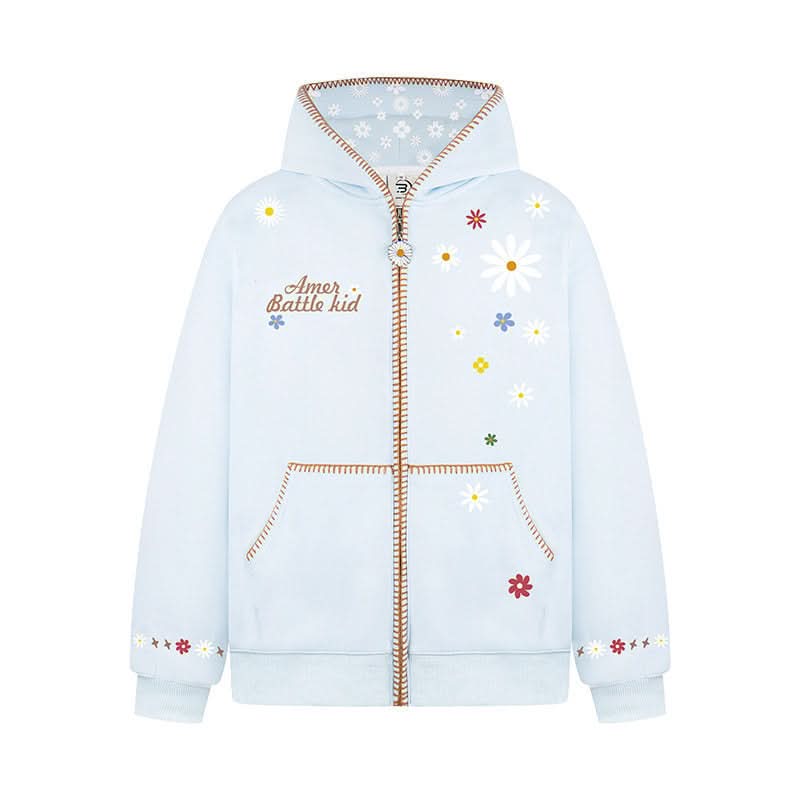 Floral Embroidery Hooded Sweatshirt Unisex Loose Casual Outerwear