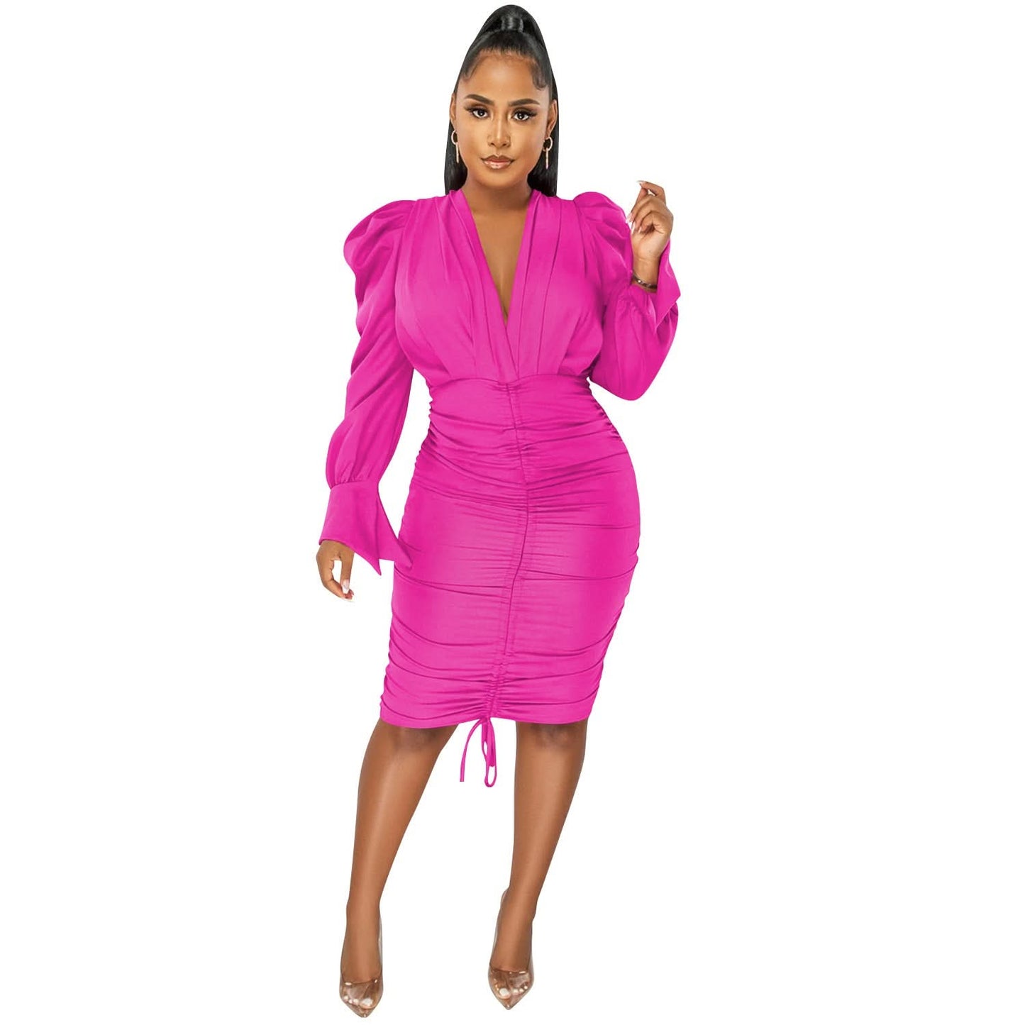 Fashionable Casual Solid Color Long Sleeve Pleated V-Neck Dress for Women