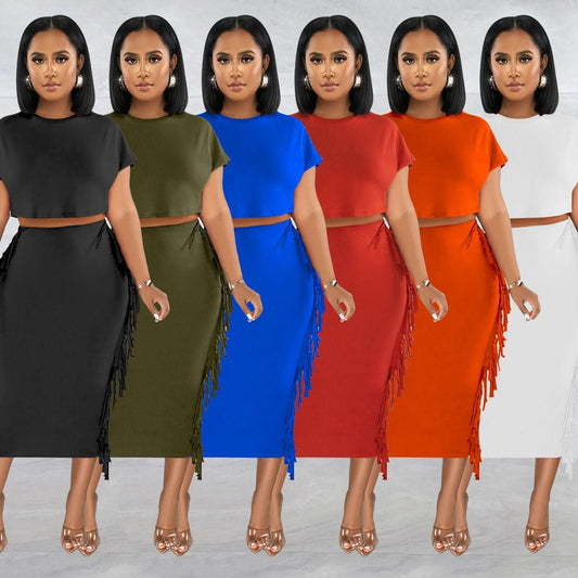 FashionableStyle Einfarbig Fransen Rundhals Kurzarm Langes Kleid Zweiteiliges Set