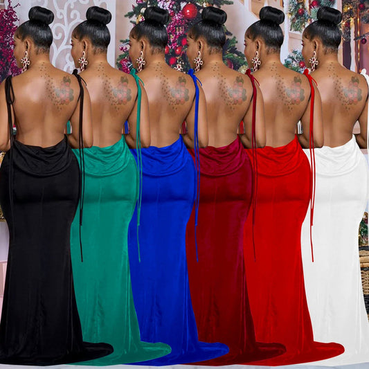 Modisches ärmelloses langes Kleid in reiner Farbe mit Schulterträgern für Damen