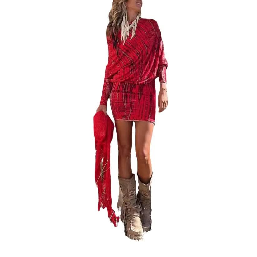 Chic One-Shoulder Batwing Sleeve Printed Bodycon Dress Tie-Dye Mini Skirt