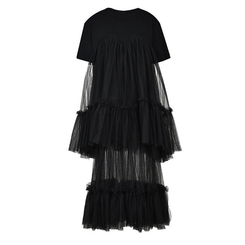 Luxury Mesh Spliced Dress For Women Short Sleeve Loose Causal Patchwork O-neck Dresses Summer New Tide Vestido
