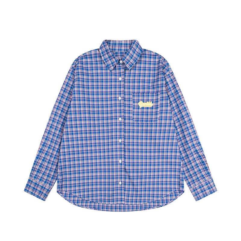 Embroidered Letter Plaid Shirt Loose Fit Shirt Couple Outfit