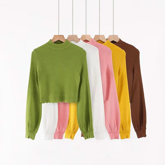 Long sleeved half high neck lotus leaf sweater