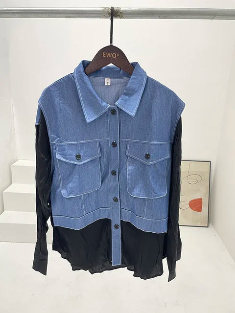 Denim Spliced Shirt For Women Fake Two-piece Contrast Big Size Fashion Long Sleeve Blusas Autumn New Tide Female Top