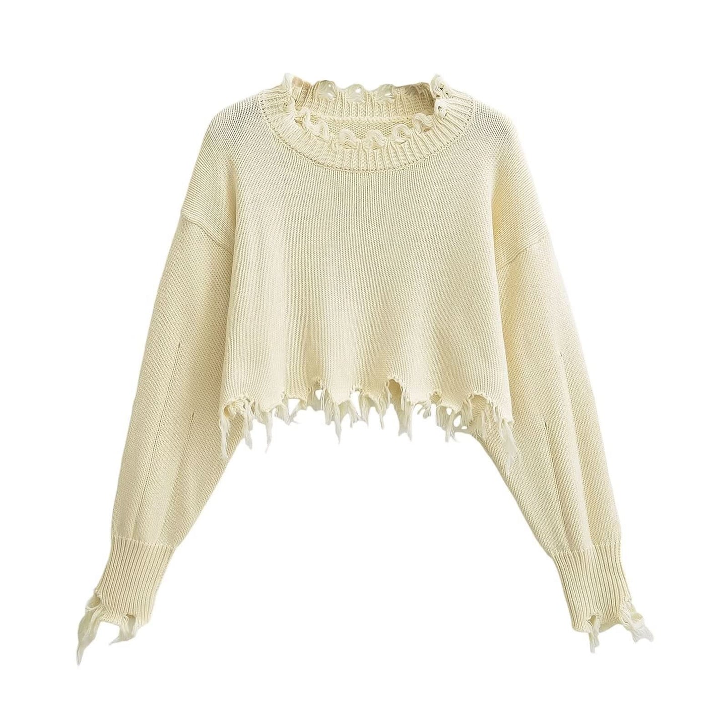 Broken hole tassel short crop top sweater with exposed navel