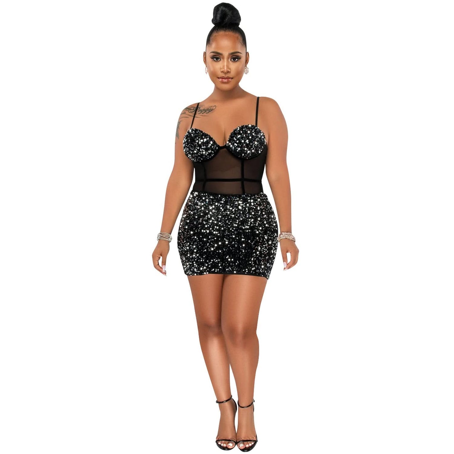 Fashion Sexy Sleeveless Sequin Mesh Sheer Zipper Midi Dress