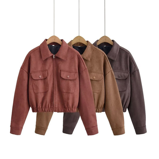 Umlegekragen Tasche Saum lockere Wildlederjacke