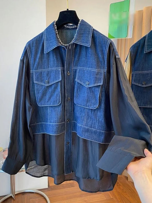 Denim Spliced Shirt For Women Fake Two-piece Contrast Big Size Fashion Long Sleeve Blusas Autumn New Tide Female Top