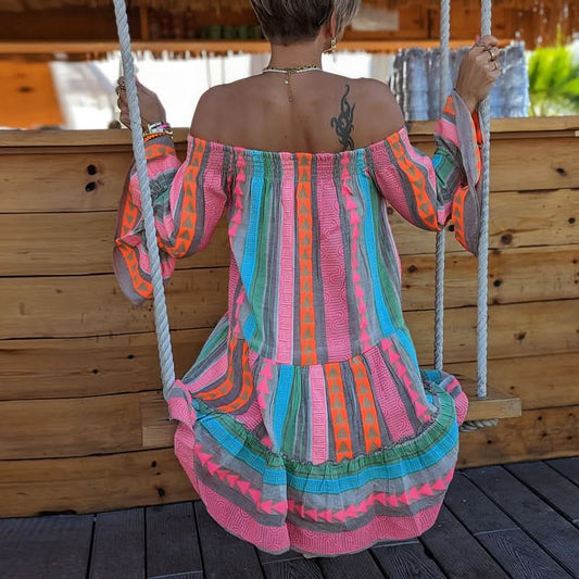 Patchwork A-Linien-Kleid mit ausgestellten Ärmeln für Damen