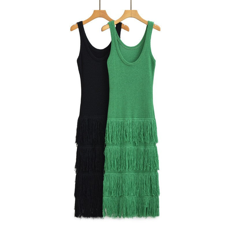 U-neck Sleeveless Backless Layered Tassel Vestido Fashion Sexy Solid Women Knitted Midi Dress