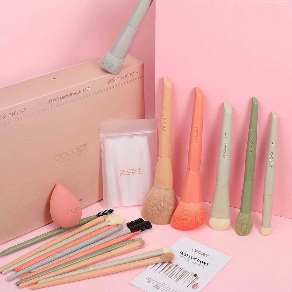 Docolor 17Pcs Makeup Brushes Set Eye Shadow Blush Powder Blending Foundation Cosmetic Brush With Makeup Sponges And Bag