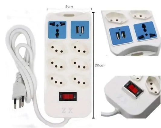 Verlängerungsleiste mit 6 Steckdosen, 2 USB-Anschlüssen und 1 Universalsteckdose. 2 m verstärktes Kabel für mehr Praktikabilität und Sicherheit