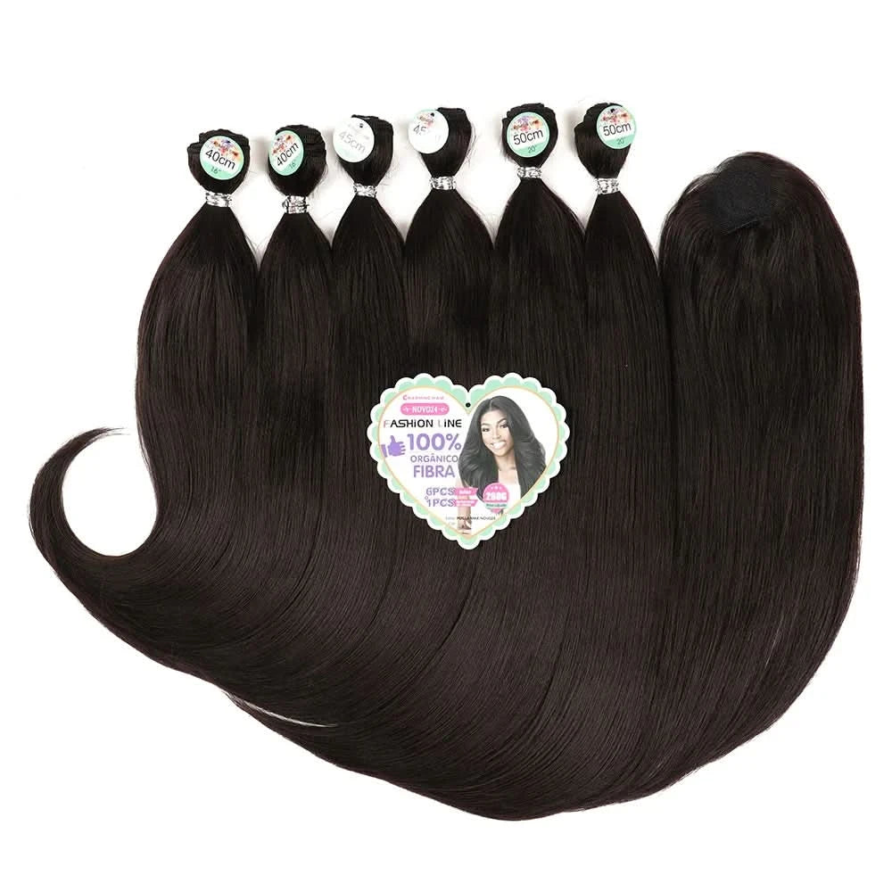Cabelo Orgânico Curto Liso Feminina Pontas Cacheadas Entrelace Extensões Fibra Química Orgânica 260g 6+1Pas PERLLA MAX
