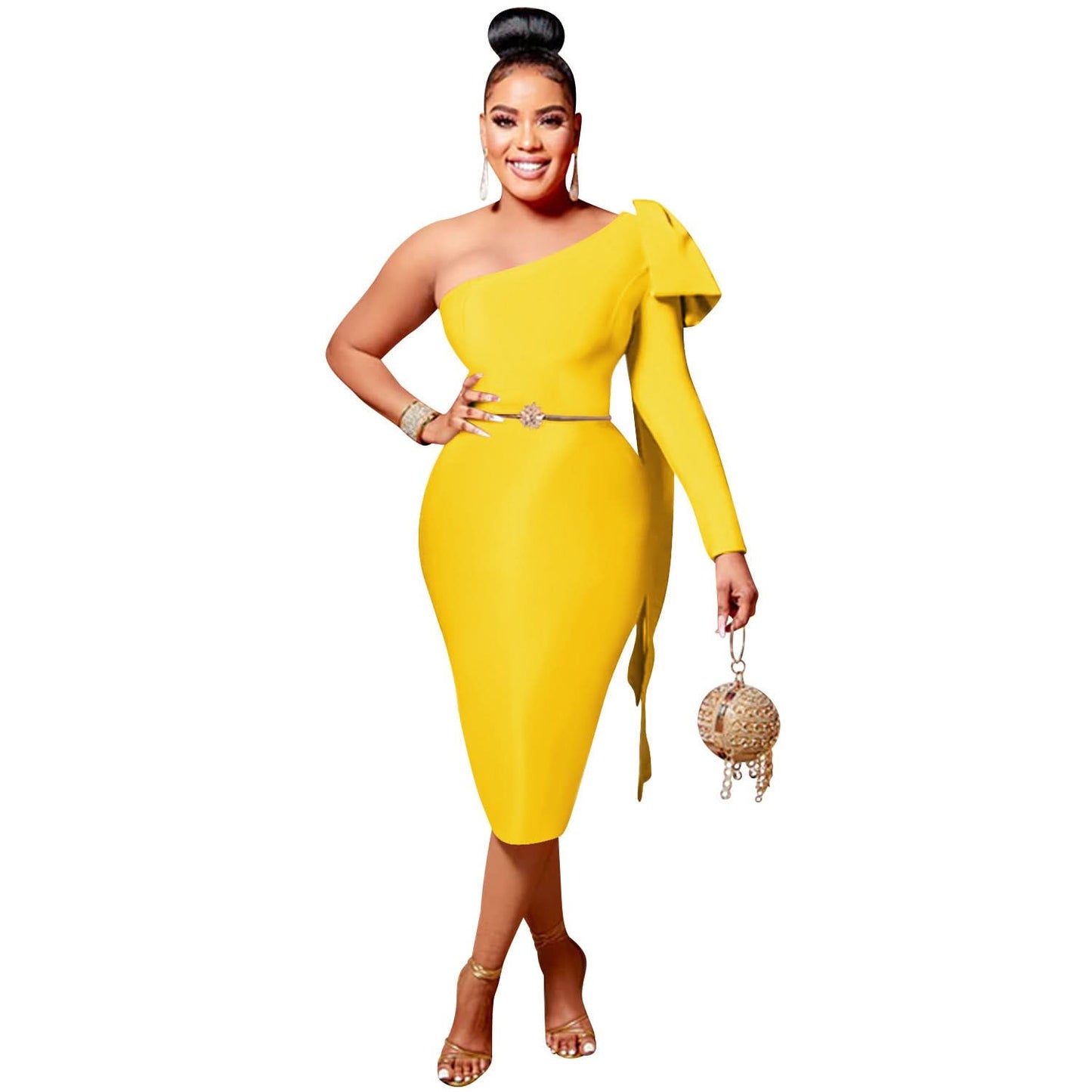 Chic Women's Single Long Sleeve Dress with Asymmetrical Neckline and Bow Ribbon Detail