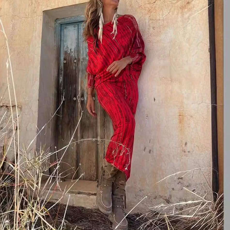One Shoulder Batwing Sleeve Printed Long Dress