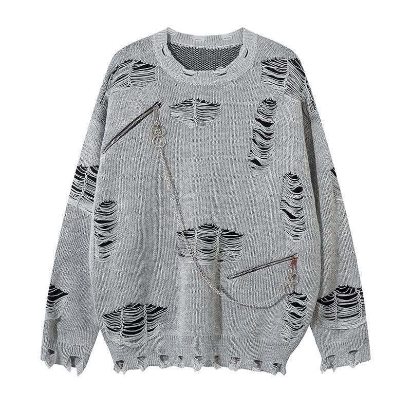 Knitted Sweater with Ripped Chain Splicing Casual Couple's Loose Sweater