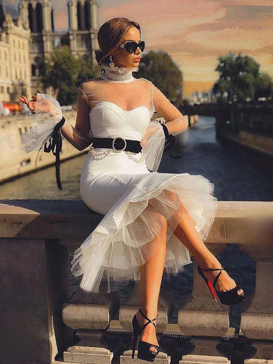 Elegant And Chic White Dress Women Sashed Design High Waist With Belt Midi Dress Vestido Dinner Party Wear