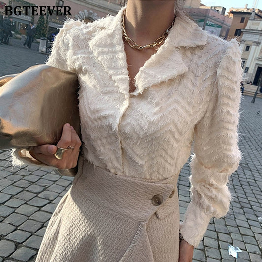 BGTEEVER Elegant Notched Collar Women Tassels Shirts Blouses Spring New Single-breasted Female Workwear Shirts Tops Blusas