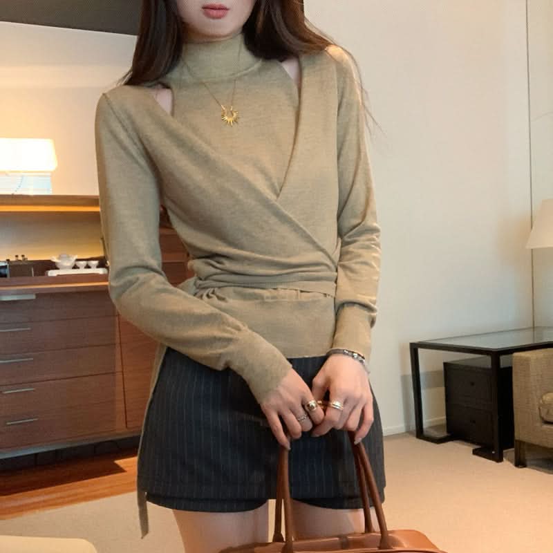 Mock Two-Piece Off-Shoulder Fitted Long Sleeve Wool Knit Top for Women