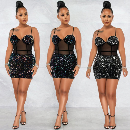 Fashion Sexy Sleeveless Sequin Mesh Sheer Zipper Midi Dress