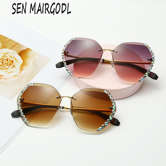 New Fashion Frameless sunglasses women Trimmed luxury crystal sun glasses men Classic oval diamond glasses UV400 gafas de mujer