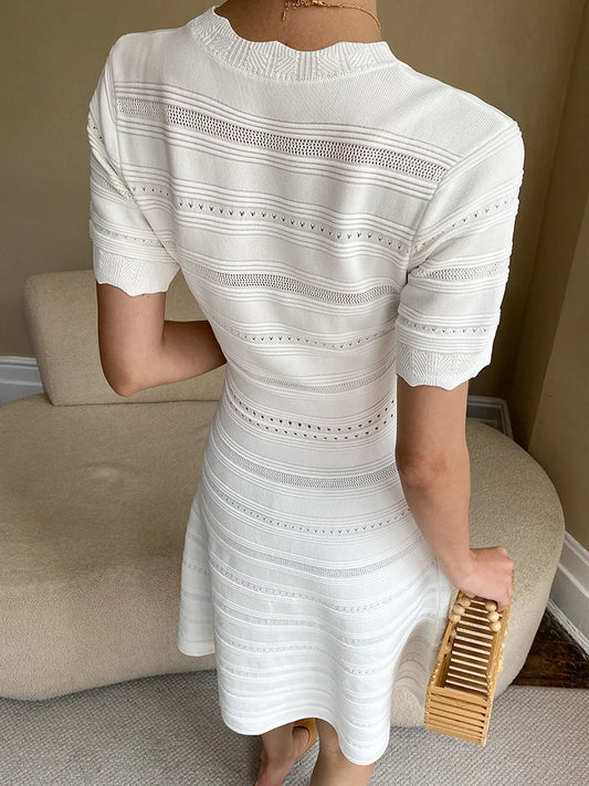 Elegant Solid V-neck Button Hollow Out Knitting Dress Women Leisure Slim Breathable Vestido Summer New Tide