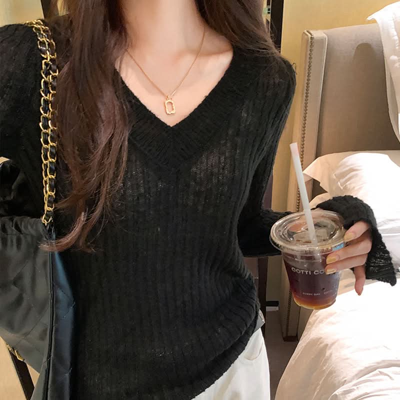 Lazy V-Neck Knitted Sweater Top for Women, Fitted Slim Fit Long Sleeve Inner Layer, Versatile Casual Top