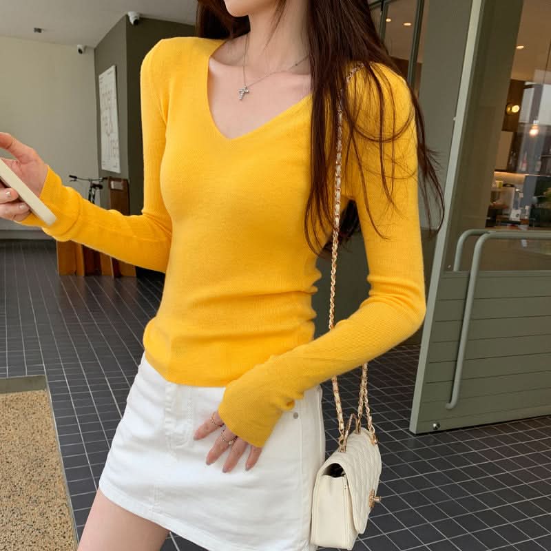 Simple V-Neck Long Sleeve Knit Top for Women, Solid Color, Slim Fit, Elegant Casual Wear
