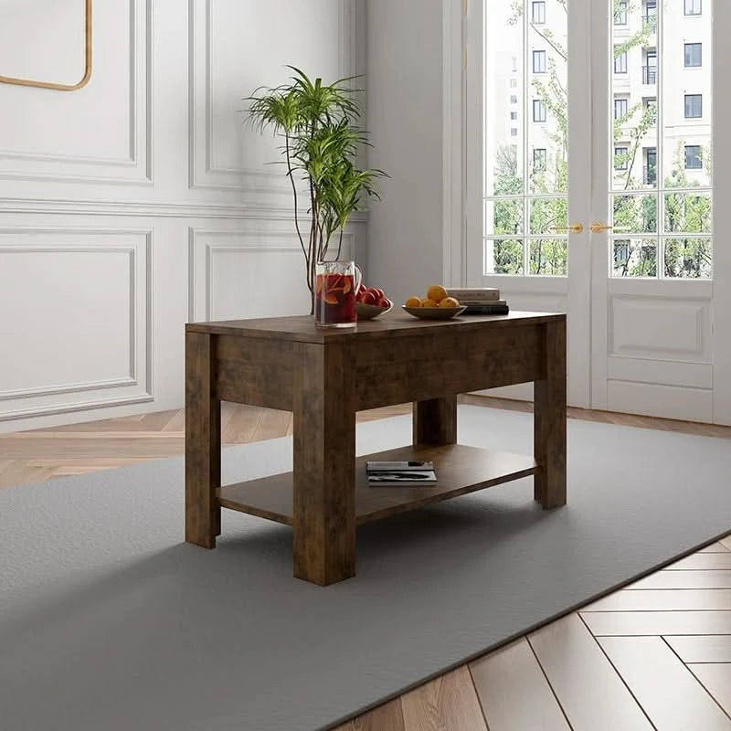 TV table and Lift Top Coffee Table with Storage , Rustic Wood Raisable Top Central Table for Living Room