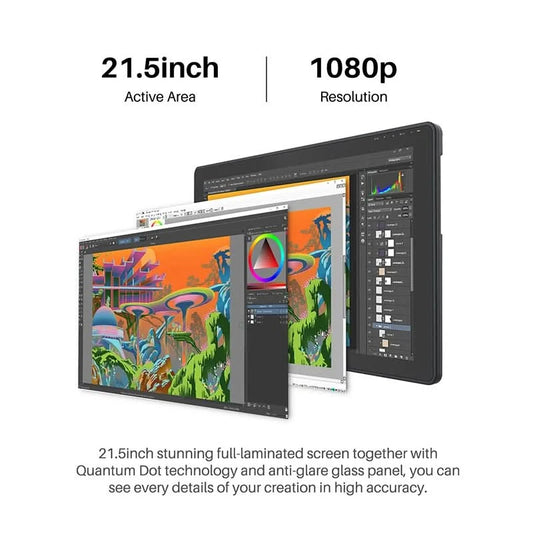 HUION Kamvas 22 Plus Grafiktablett mit Display Digitale Kunst Malen Tablet QD Monitor 21,5 Zoll mit entspiegeltem Ätzglas 140%sRGB