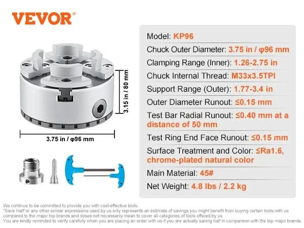 SucceBuy Metal Lathe Chuck 4-Jaw 2.75" or 3.75" Diameter Turning Machine Accessories Self-centering Tool for Precision Machining