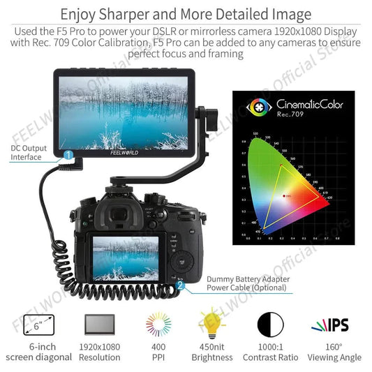 FEELWORLD F5 Pro V4 6 Zoll DSLR-Kamera-Feldmonitor Touchscreen 3D LUT FHD1920 1080 4K HDMI Video Fokusassistent für Gimbal