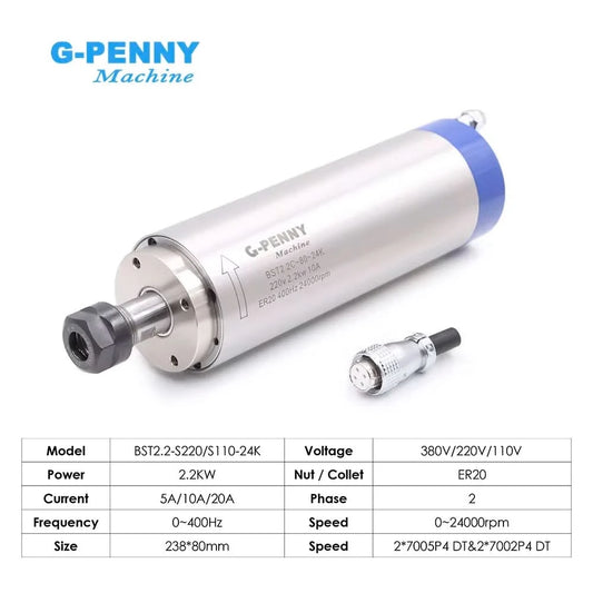 G-Penny Original 2.2kW ER20 Wasserkühlspindelmotor 80*230mm 220V / 380V 4 Stück 7-Serie Keramiklager 0,01mm Längere Ausführung