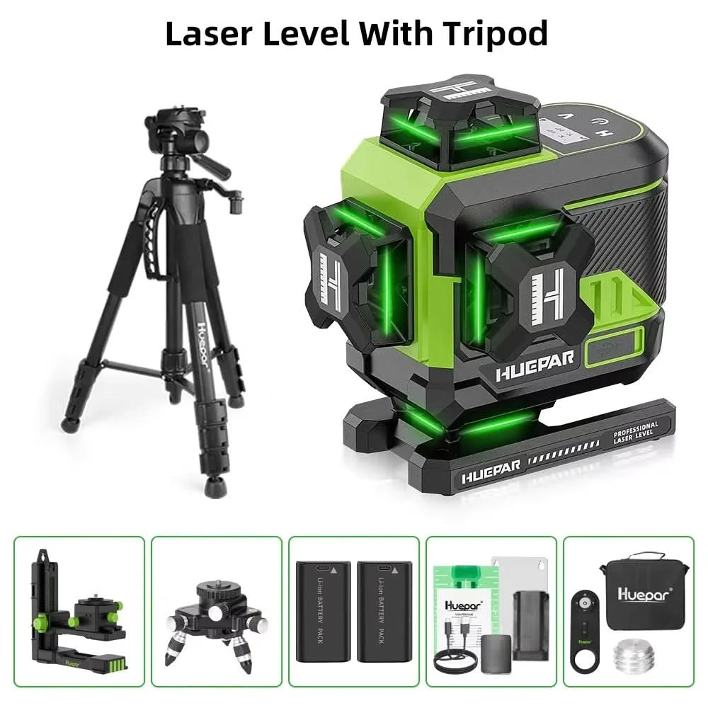 Huepar 16 Lines 4D Self-Leveling Laser Level 4x360°Cross Line Laser with LCD Screen Bluetooth & Remote Control 2x Battery Z04CG