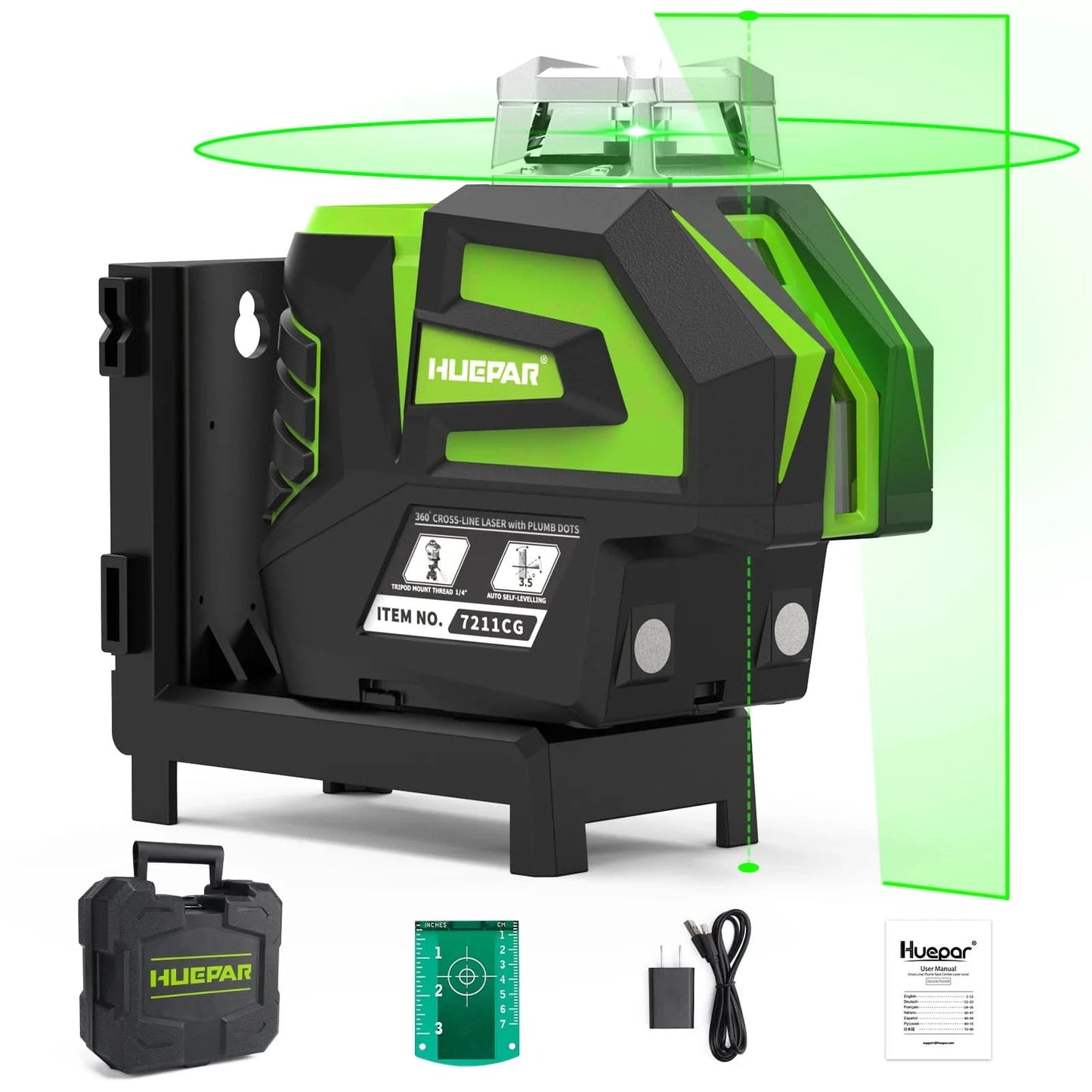 Huepar 7211CG Green Laser Level Self-Leveling Cross Line 2 Plumb Dots Li-ion Battery 360° Horizontal Line Fan Angle Laser Tool