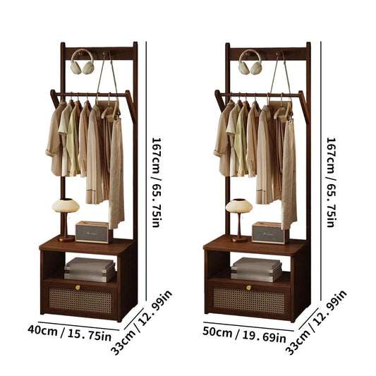 Bamboo 2-in-1 Bedside Rack & Nightstand - Small Space (40/50cm) with Drawer, Shelf & Hanging Rod for Essentials
