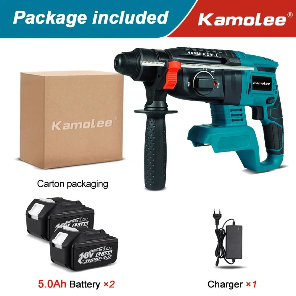Kamolee 2000W 10600IPM Brushless Cordless Rotary Hammer Drill Rechargeable Electric Hammer Impact Drill