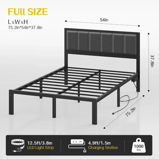 Bed Frame with Headboard Metal Platform Bed with USB Charging Station and LED Lights, No Box Spring Needed Customized