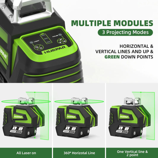 Huepar 7211CG Grüner Kreuzlinienlaser mit Selbstnivellierung, 2 Lotpunkten, Li-Ionen-Akku, 360° Horizontal-Linie und großer Fächeröffnung, Laser-Messgerät