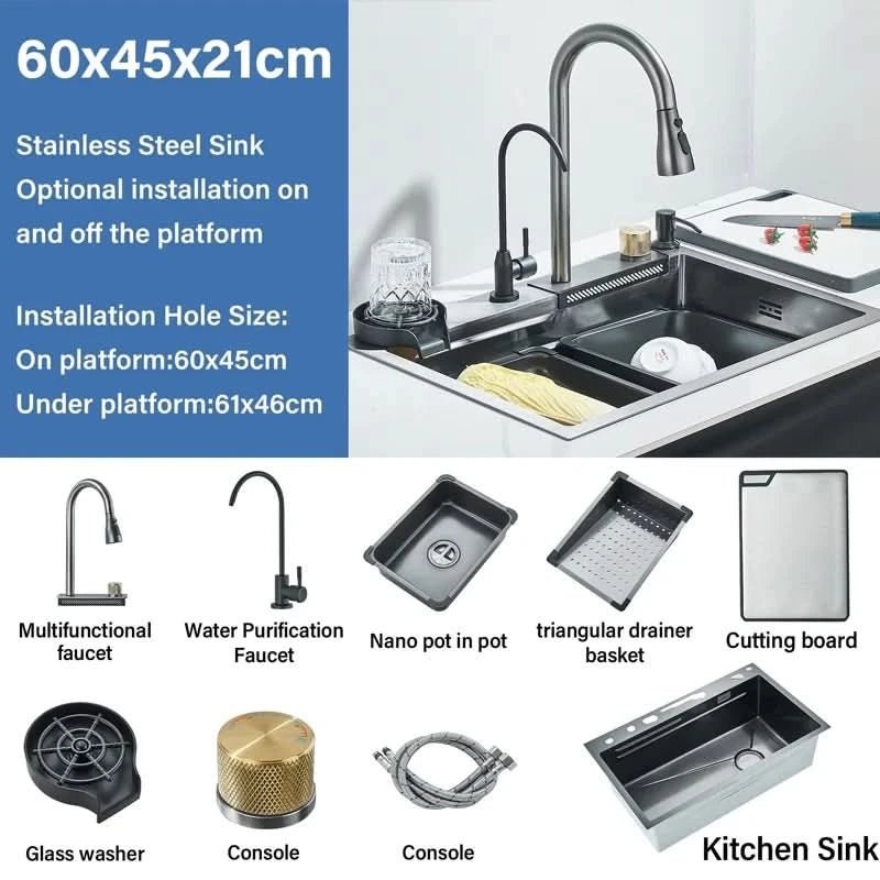 304 Stainless Steel Waterfall Kitchen Sink Sink Large Single basin With Large Single Slot Sink Above Counter With Cup Disher