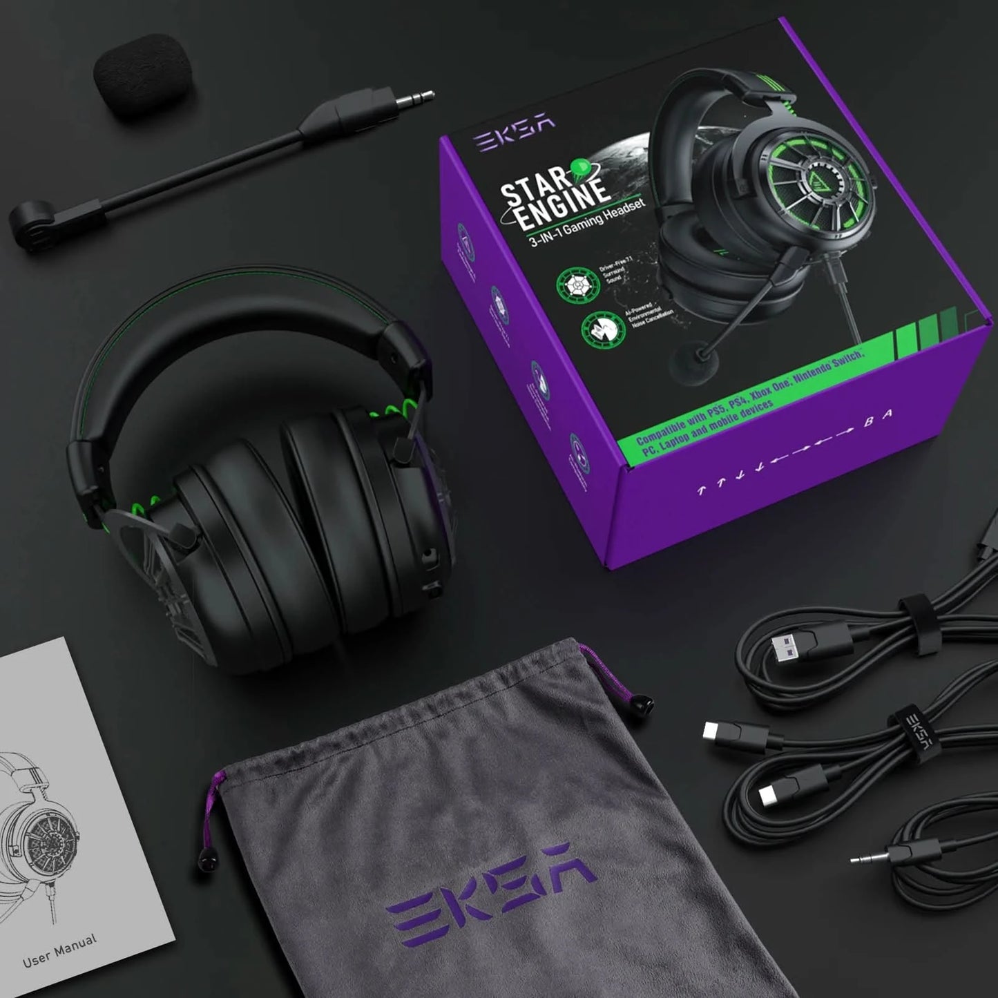 EKSA StarEngine Pro Gaming Headset Gamer 7.1 Wired Over Ear Headphones with ENC Noise Cancelling Microphone For PC/PS4/PS5/Xbox