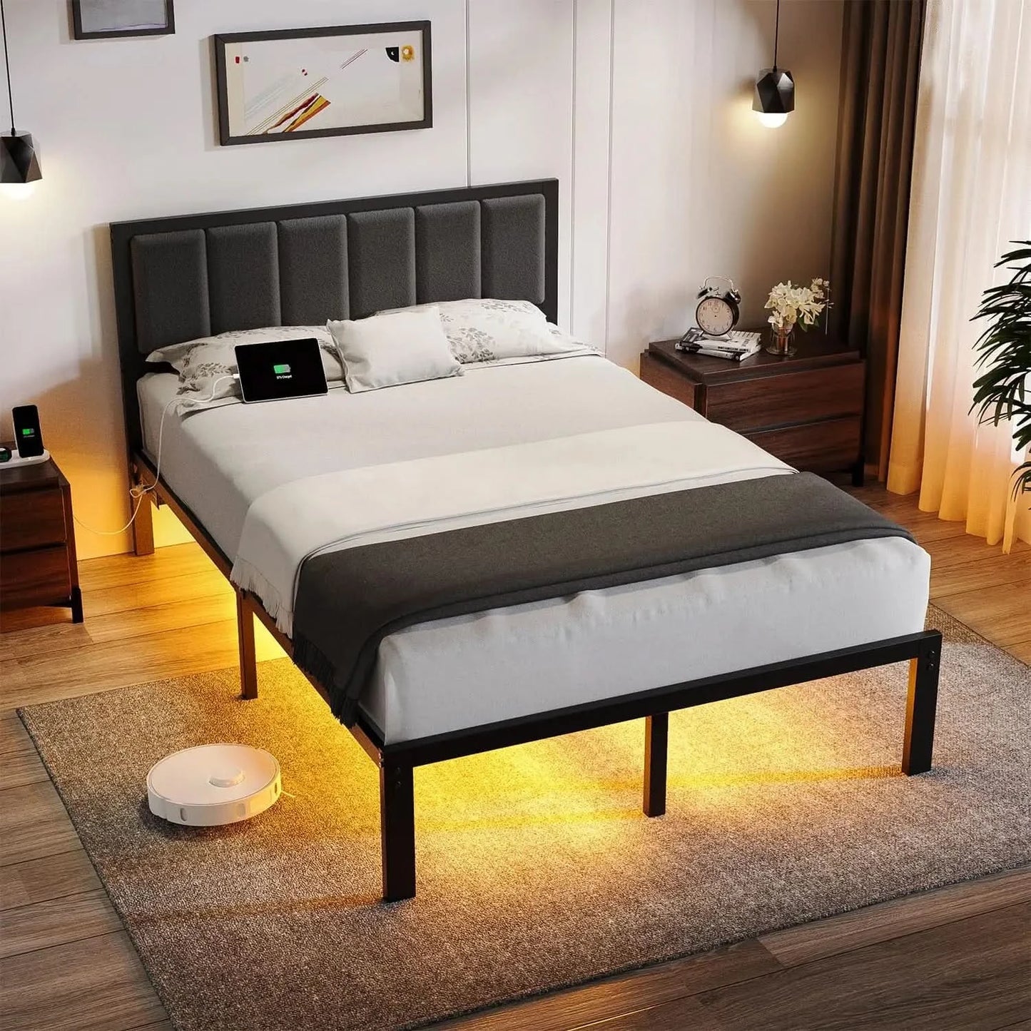 Bed Frame with Headboard Metal Platform Bed with USB Charging Station and LED Lights, No Box Spring Needed Customized