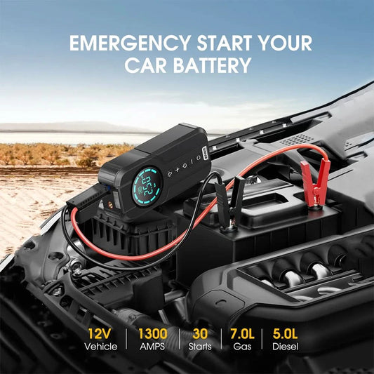 BUVAYE Auto-Multifunktions-Luftkompressor Starthilfe Luftpumpe Praktischer Reifenfüller Tragbarer Batteriestarter mit EVA-Tasche