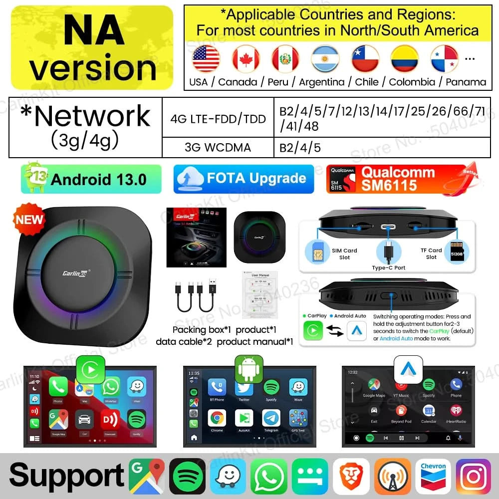 CarlinKit S2 CarPlay Ai Box LED Android 13 Streaming Box 64G/128G Qualcomm 8-Core Split Screen Car Intelligent System Play Video