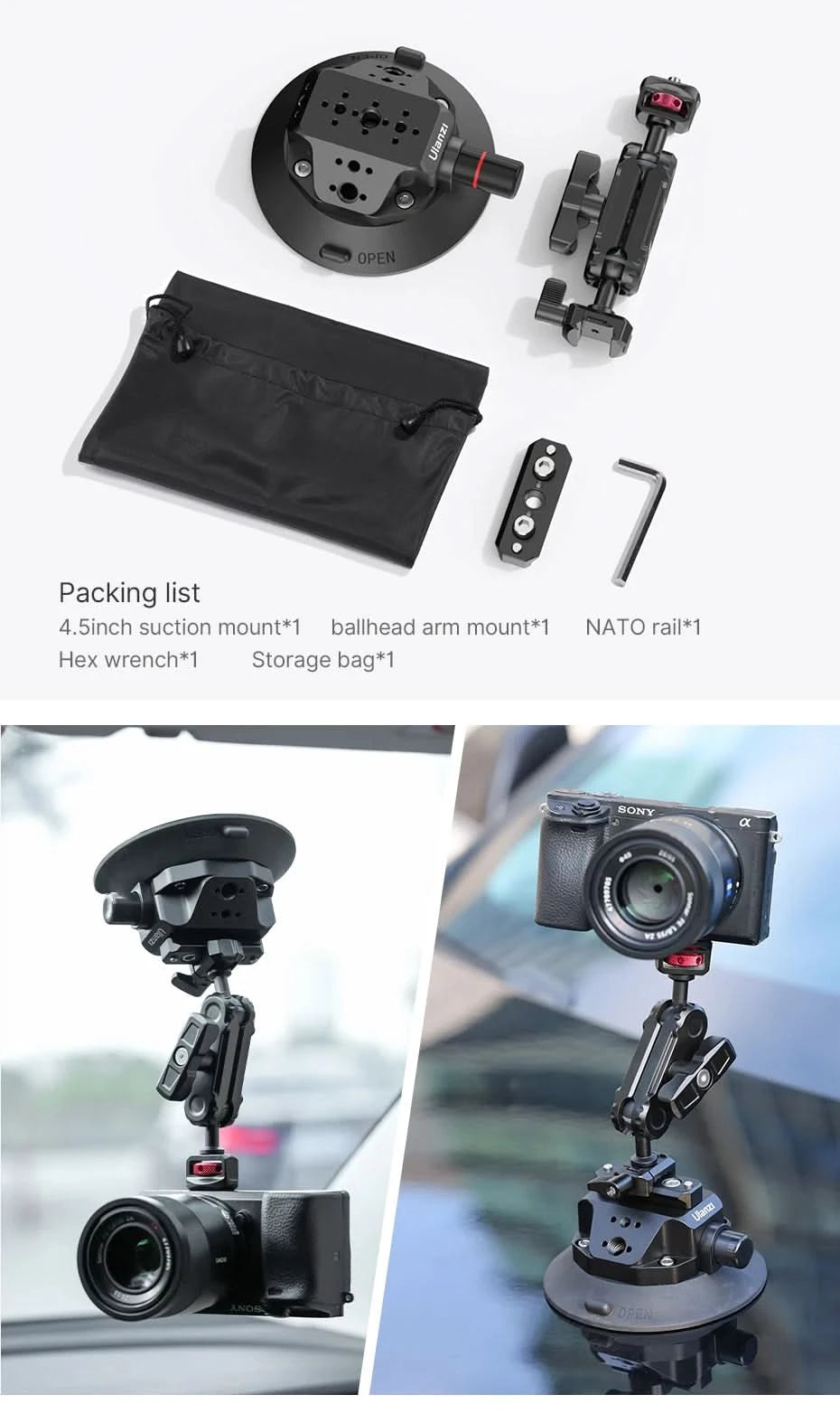 Ulanzi Car Phone Action Camera Holder Hand Pump 360° Suction Cup Adjustable Professional For GoPro for Insta360 for DJI Action