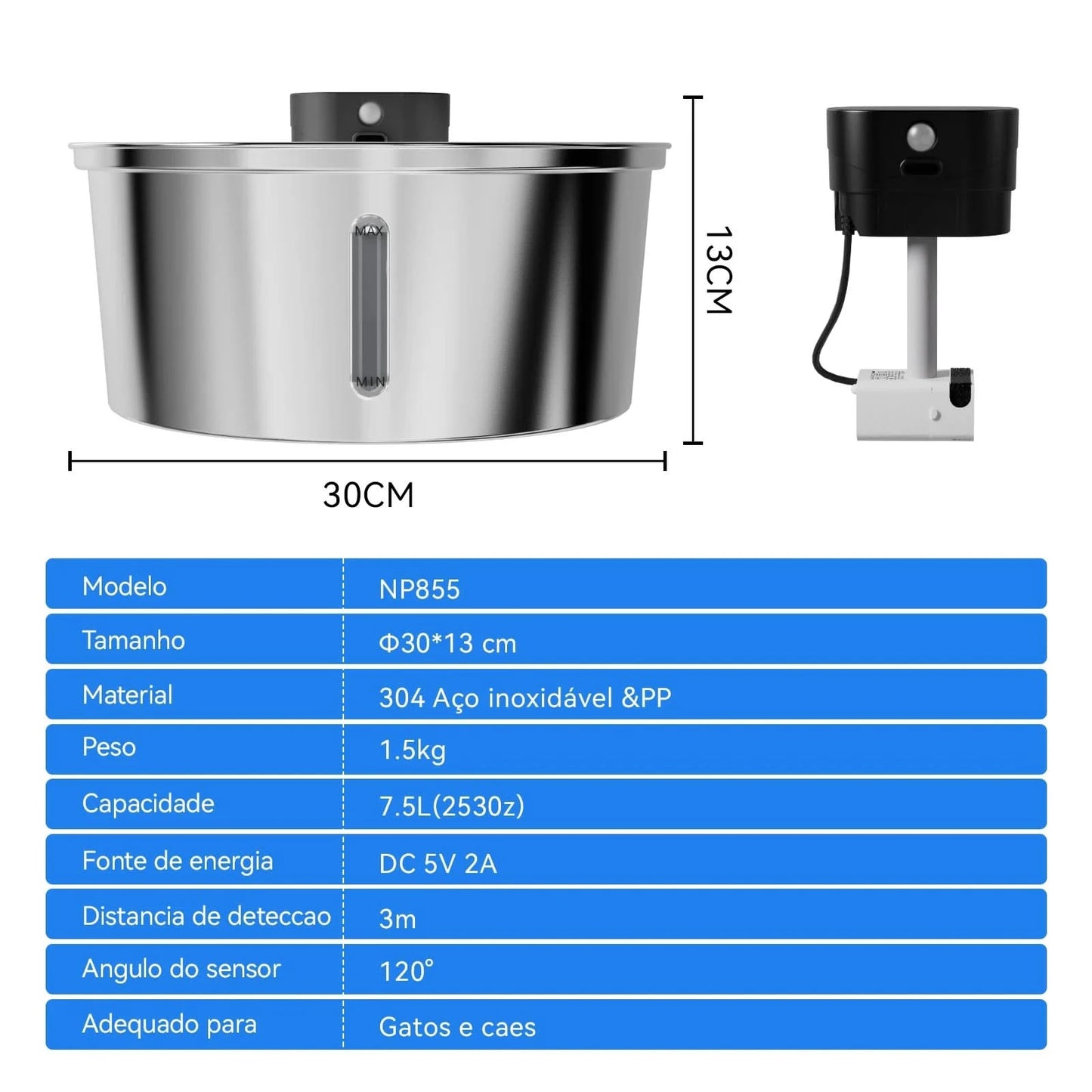 Newpet 7.5L Automatic Stainless Steel Dog Water Fountain 5000mAh Wireless Pet Drinker Battery & Sensor 2 in 1 Dispenser for Dog