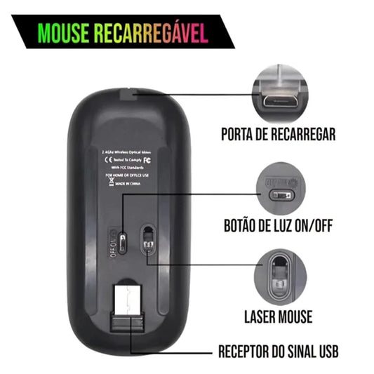 Kabellose Maus mit wiederaufladbarem Akku, 2,4 GHz, RGB-LED, Home Office