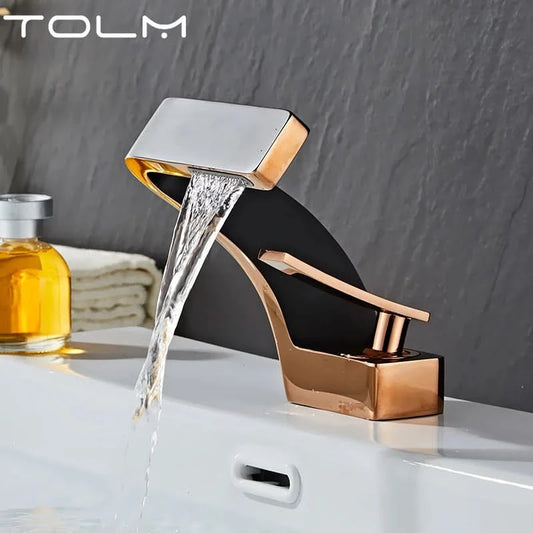 TOLM Messing Schwarz Gold Waschtischarmatur Badezimmer Waschbeckenarmaturen Warm Kalt Wasserhahn Mischer Deck Montiert Einhebel Loch Bad Küche