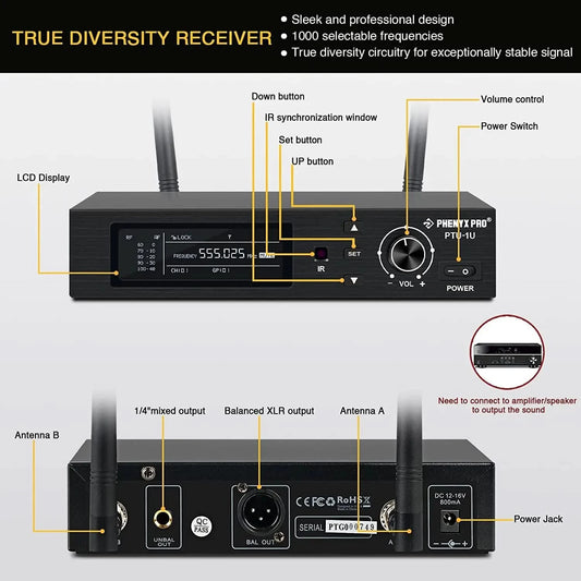 Phenyx Pro PTU-1U das beste drahtlose Mikrofonsystem Dietrich-Set professionelles Handmikrofon aus Metall für Bühne Kirche